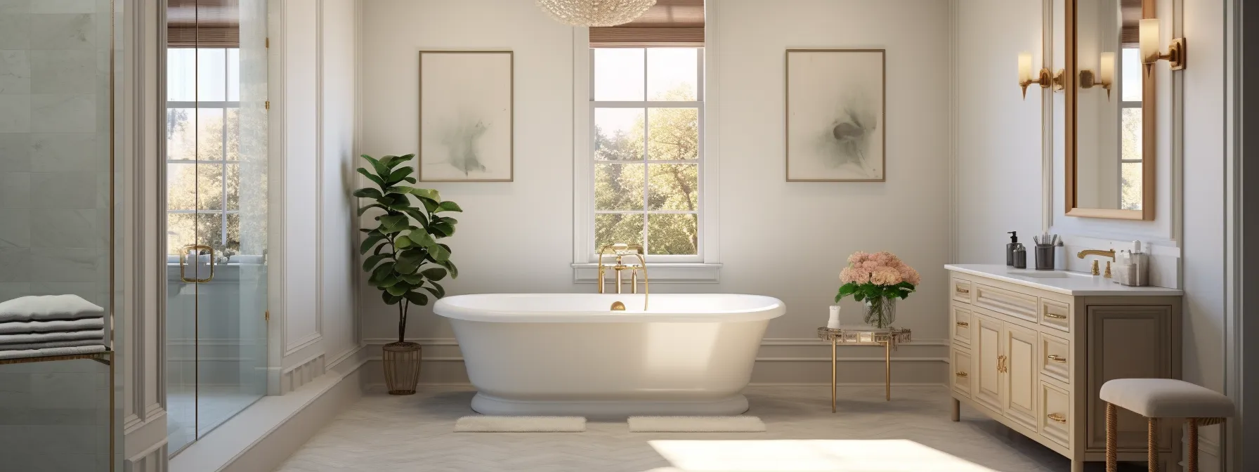 a beautifully designed master bathroom featuring a carefully arranged layout with a luxurious clawfoot tub, stylish shower door, and elegant bathroom vanity.