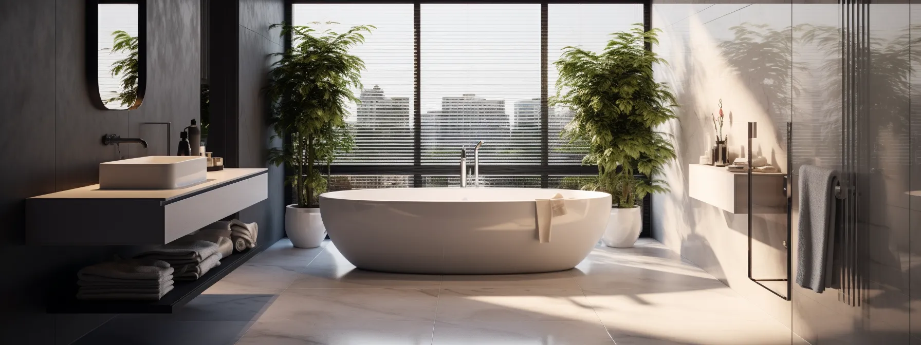 a spacious modern bathroom with a sleek design and elegant fixtures.