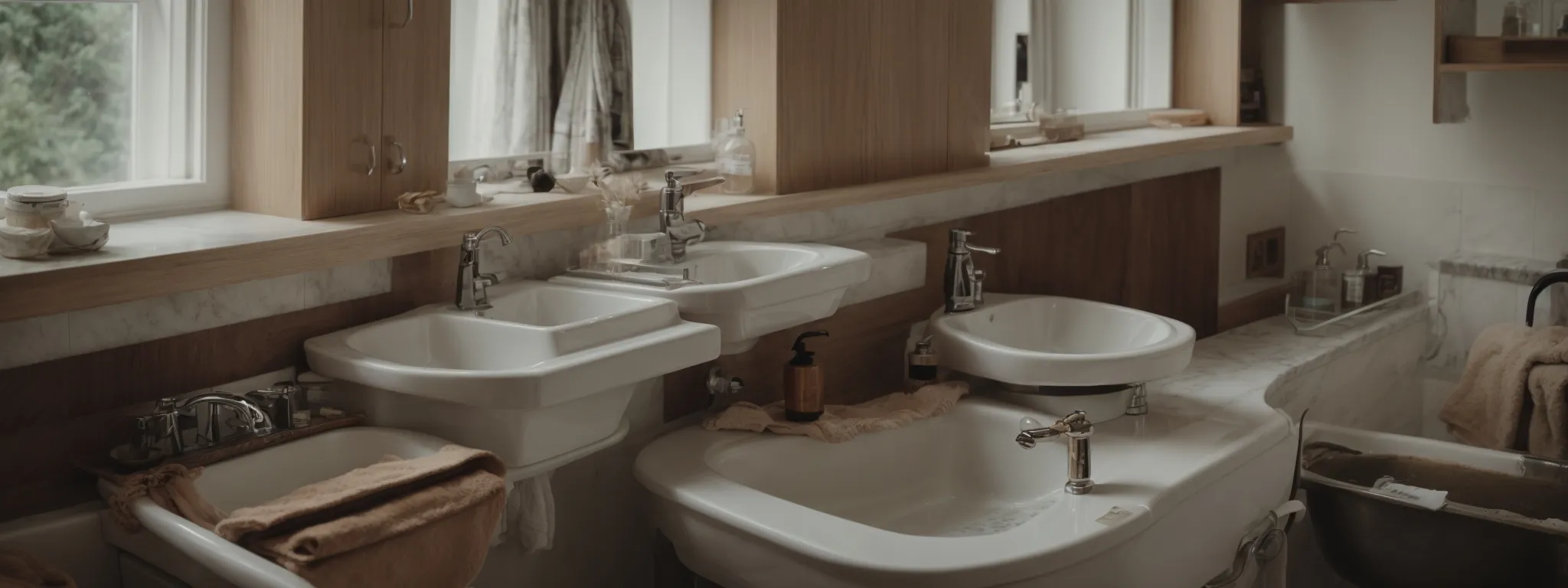 a bathroom in the midst of renovation, with old fixtures removed and new ones ready to be installed.