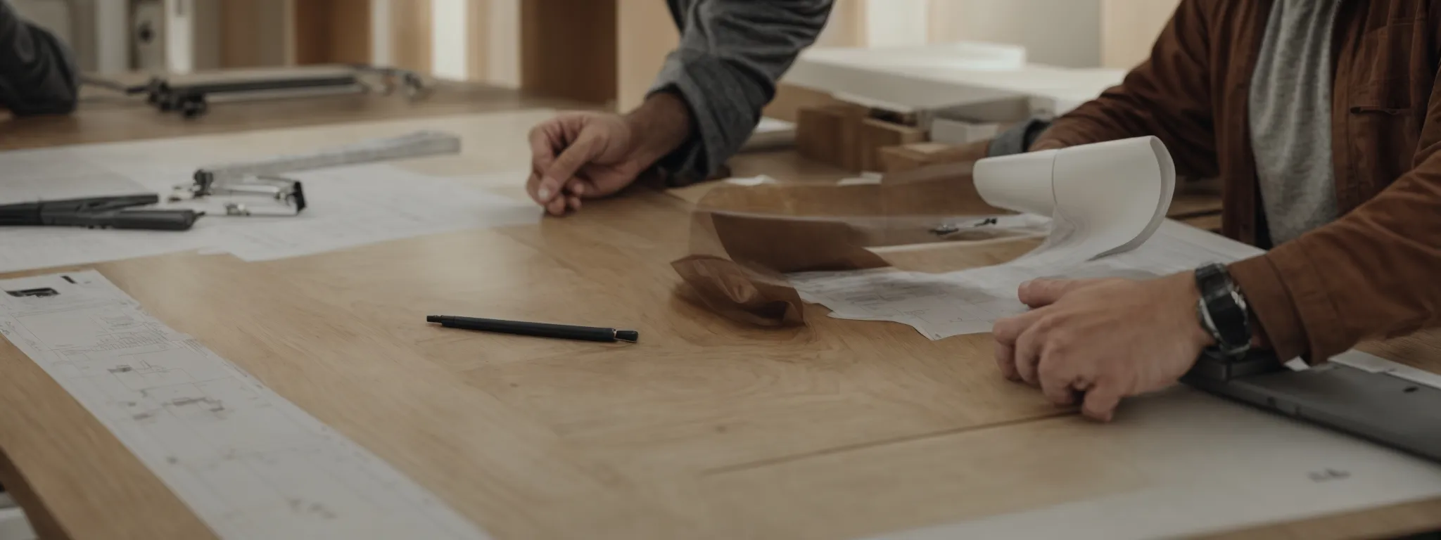 a homeowner and a contractor are engaged in a focused conversation over house plans on a worktable.