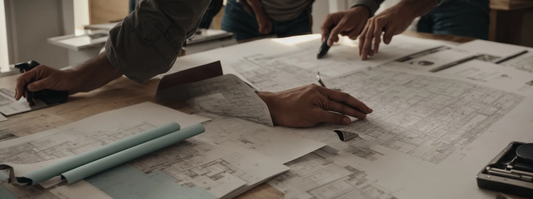 a homeowner and a contractor discuss plans across a table scattered with architectural drawings and material samples.