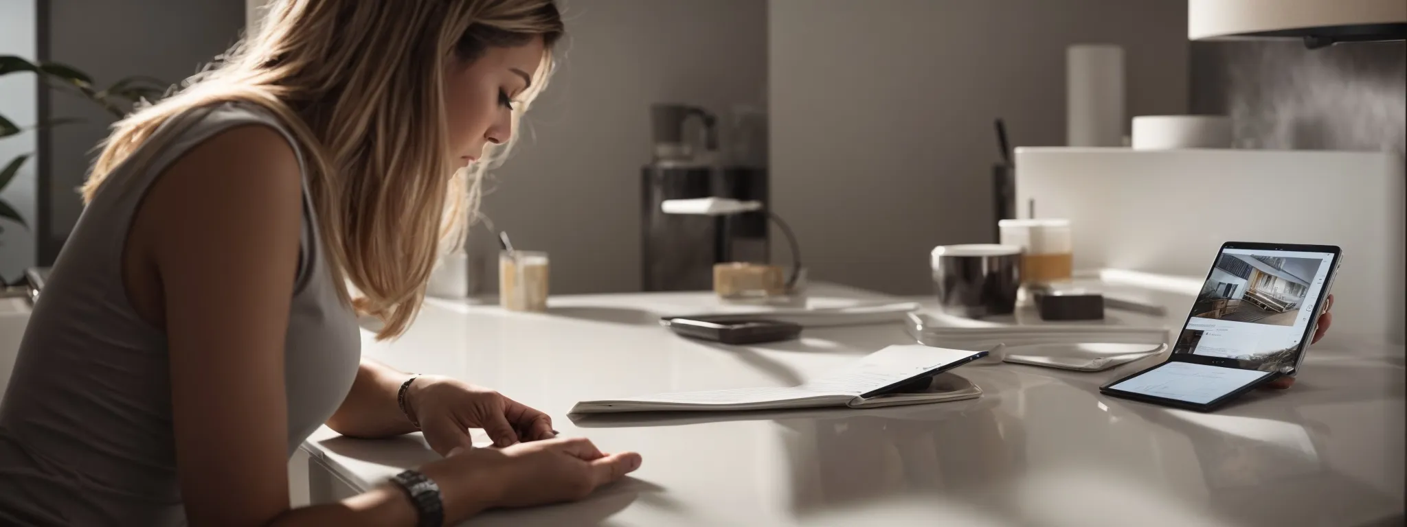 a homeowner studies a portfolio of polished bathroom renovations on a tablet while seated at a sleek, modern desk.